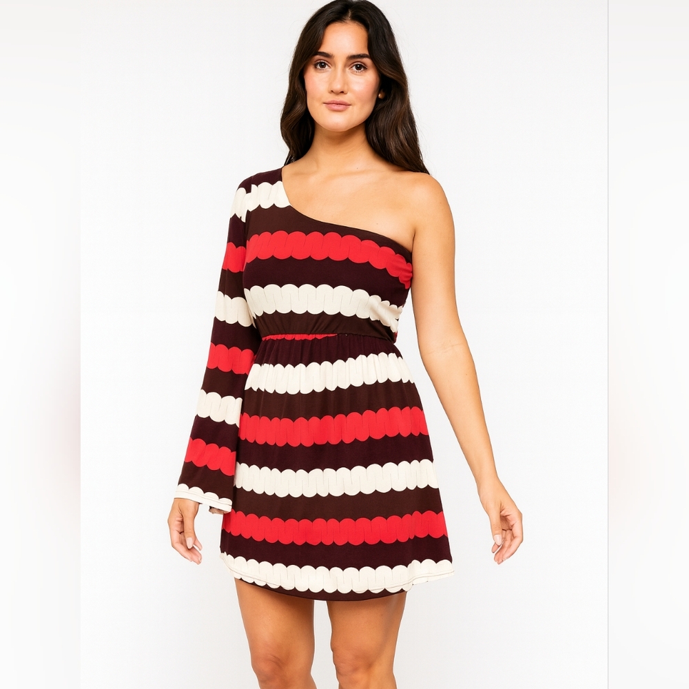Judith March One Shoulder Striped Knit Mini Dress Bell Sleeve